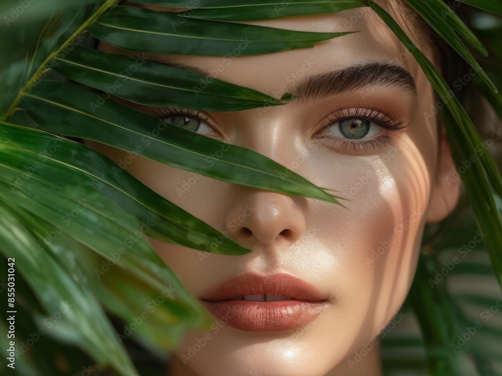 Glowing Skin & Nature: Model with healthy skin embraces a vibrant green leaf. Model showcases radiant skin against a backdrop of natural beauty. generative AI Glowing Skin & Nature: Model with healthy skin embraces a vibrant green leaf. Model showcases radiant skin against a backdrop of natural beauty. generative AI