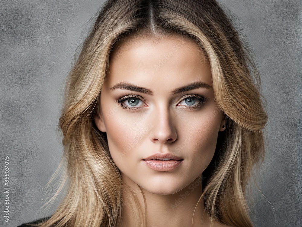 Classic Beauty: Woman shines on a simple grey backdrop, timeless elegance. generative AI Classic Beauty: Woman shines on a simple grey backdrop, timeless elegance. generative AI