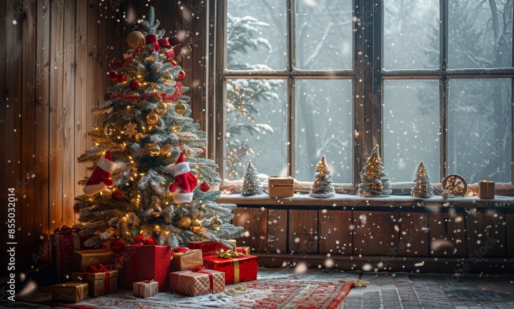 Decorated Christmas Tree With Gifts Underneath in a Cozy Room With Snow Falling Outside a Window