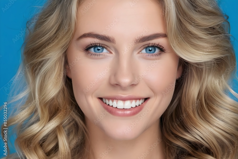 Portrait of beautiful smiling woman with white teeth and wavy blonde hair on blue background. Studio shot highlighting natural beauty and bright smile. Portrait of beautiful smiling woman with white teeth and wavy blonde hair on blue background. Studio shot highlighting natural beauty and bright smile.
