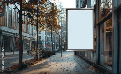 Blank Billboard Advertisement On City Street With Autumn Foliage