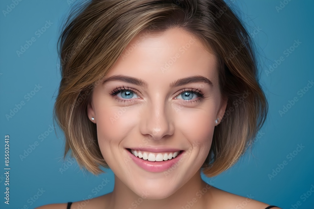 Portrait of beautiful smiling woman with white teeth and short brown hair onblue background. Natural beauty with bright smile and joyful expression. Portrait of beautiful smiling woman with white teeth and short brown hair onblue background. Natural beauty with bright smile and joyful expression.