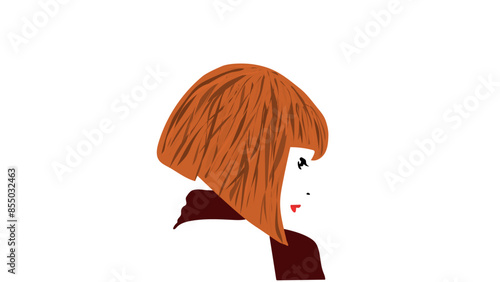 Young girl with red short hair looks from behind, lady with red lips in burgundy dress, open back of girl