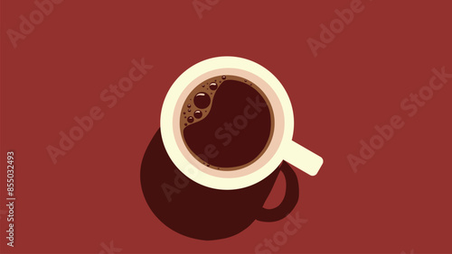 Cup of coffee with foam on red background, morning coffee, coffee in cup with bubbles