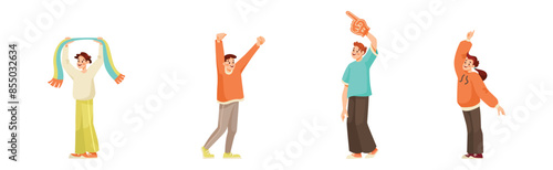 Man and Woman Sport Fan Character Supporting Team Cheering at Stadium Vector Set