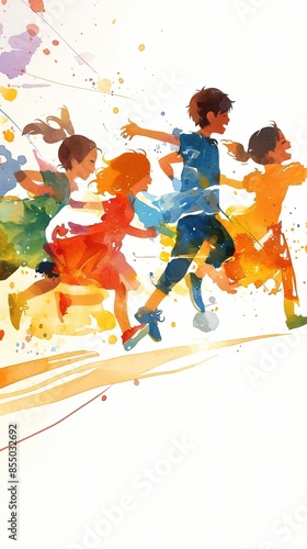 A group of children are running in a painting. The painting is colorful and lively, with the children's movements adding to the sense of energy and excitement