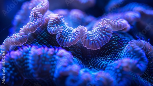 An up-close photograph of an ACANTHASTREA ECHINATA coral. This photo was taken in a reef aquarium under a blue light. photo