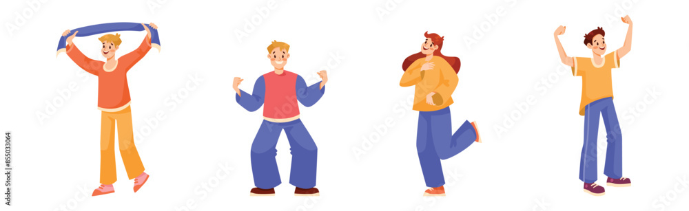Man and Woman Sport Fan Character Supporting Team Cheering at Stadium Vector Set Man and Woman Sport Fan Character Supporting Team Cheering at Stadium Vector Set
