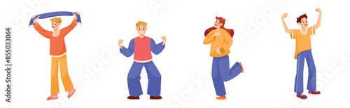 Man and Woman Sport Fan Character Supporting Team Cheering at Stadium Vector Set