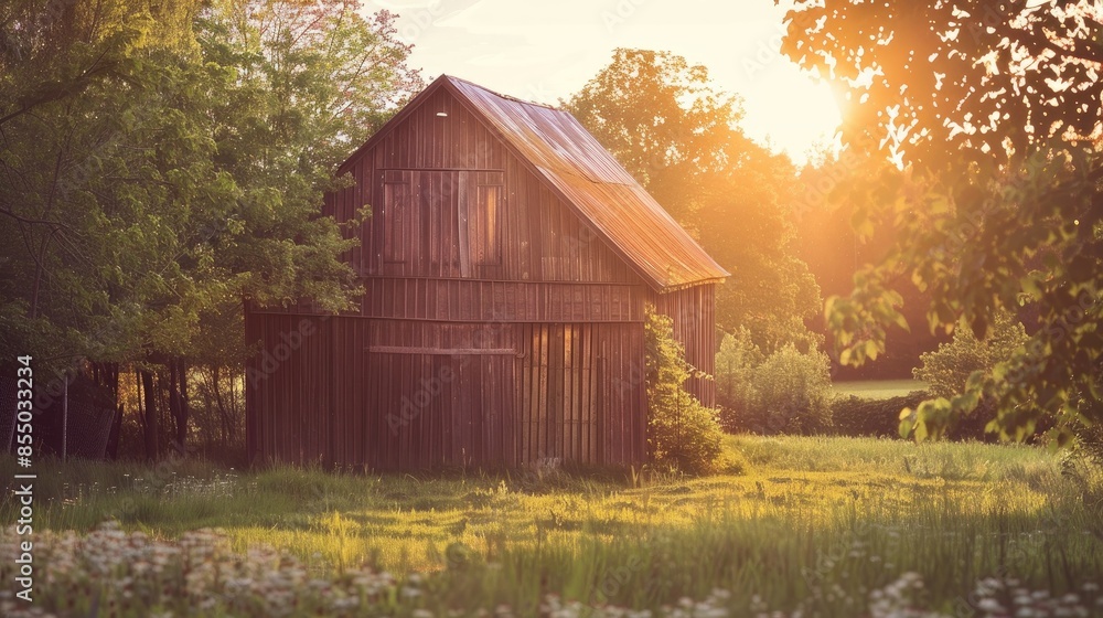 Warm light illuminating an old wooden barn during sunset in the countryside Warm light illuminating an old wooden barn during sunset in the countryside