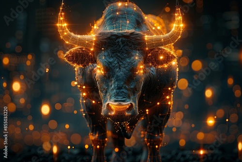Futuristic Rage: 3D Render of Steel and Gold Bull Amid Burning Ruins of City photo
