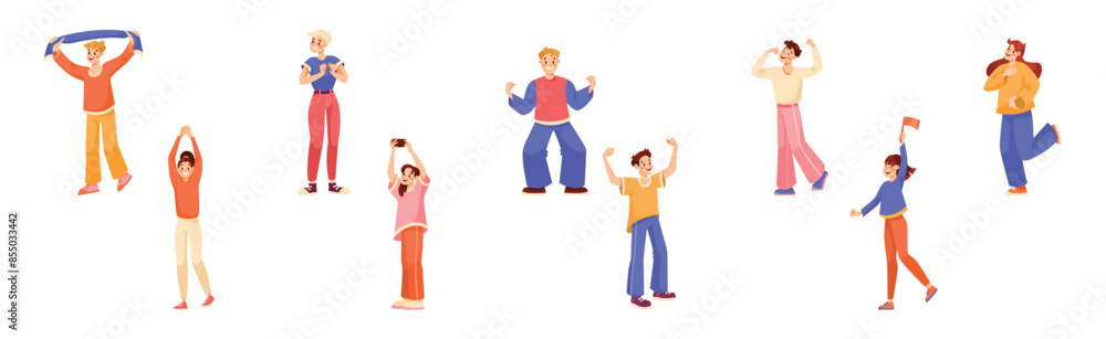Man and Woman Sport Fan Character Supporting Team Cheering at Stadium Vector Set
