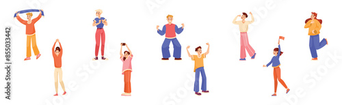 Man and Woman Sport Fan Character Supporting Team Cheering at Stadium Vector Set