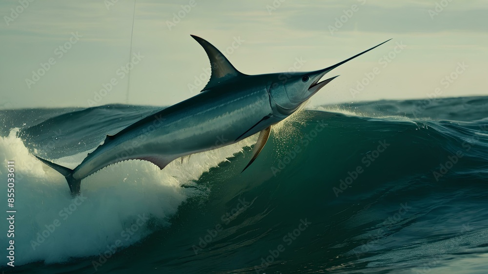 Obraz premium A swordfish is leaping out of the water. The swordfish is in the middle of a wave, and it is clear that it is a very powerful and strong animal
