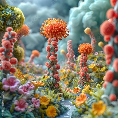 Whimsical 3D Rendered Interpretation of Gut Microbiome in Fantastical Storybook Scenes photo