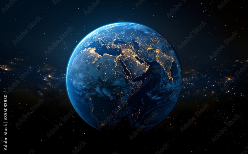 Obraz premium Earthrise Over Nighttime City Lights With Milky Way and Shooting Stars