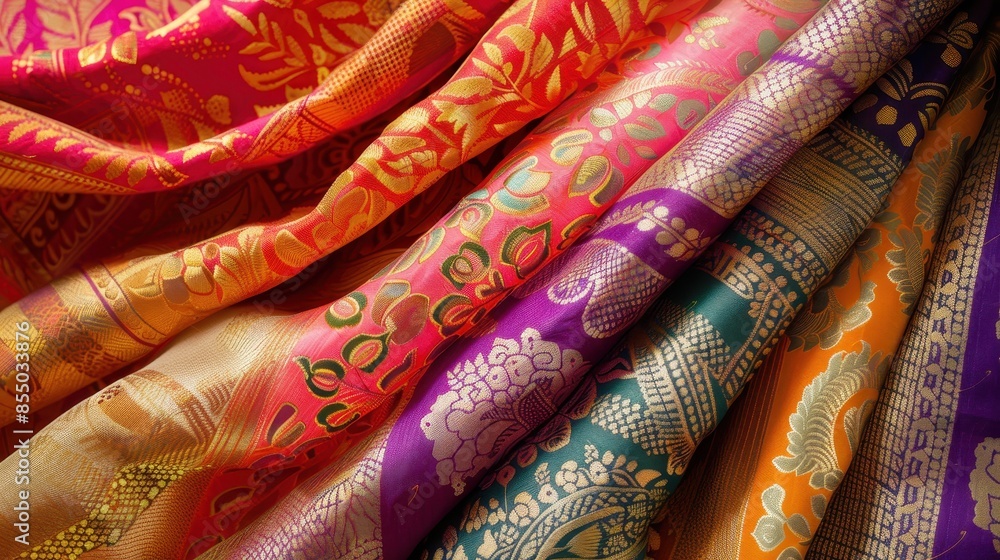 Colorful Flower Design Geometrical Textile Sari with Traditional Border Colorful Flower Design Geometrical Textile Sari with Traditional Border