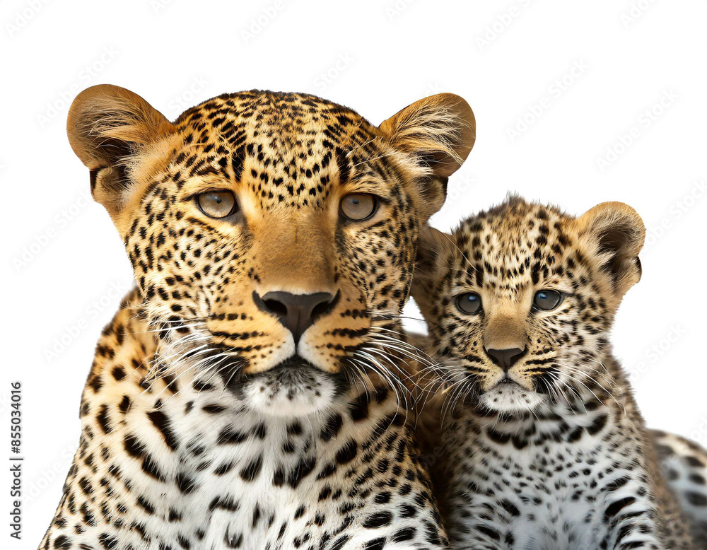 Fototapeta premium Leopard mit tierbaby isoliert auf weißen Hintergrund, Freisteller