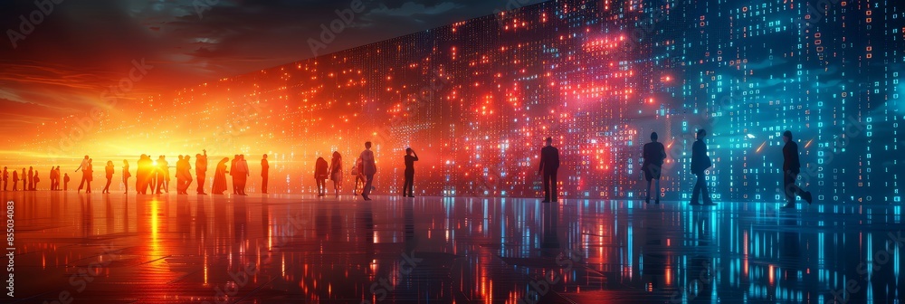 Fototapeta premium A stock market wall displaying digital numbers and figures with business people walking in the background, representing global financial trading and currency exchange at night. High-resolution