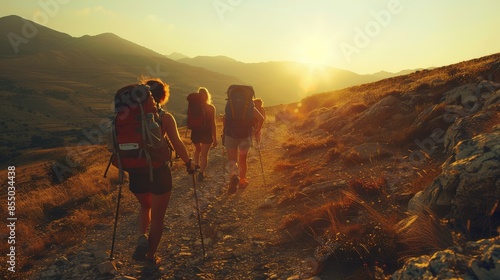 Mountain travel hike people adventure man summer journey tourism group sunset trekking. Hike travel woman mountain walk active backpack nature together sport young trail outdoor. Generative Ai