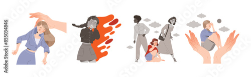 Stressed People Character Feeling Sadness and Loneliness Depressed Vector Set