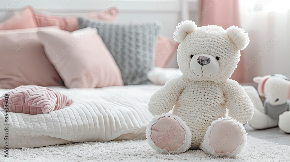 Fototapeta premium a children's bedroom with a white stuffed bear toy nestled among grey and pink pillows on a bed against a light beige wall.