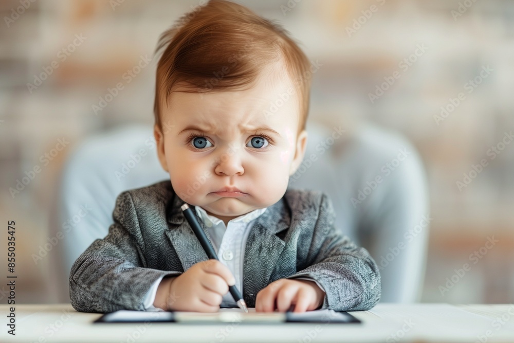 Baby in Business Suit Sitting at Desk Holding Pen with Serious Expression Baby in Business Suit Sitting at Desk Holding Pen with Serious Expression