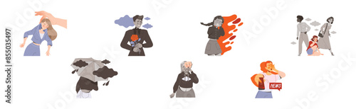 Stressed People Character Feeling Sadness and Loneliness Depressed Vector Set