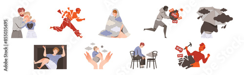 Stressed People Character Feeling Sadness and Loneliness Depressed Vector Set