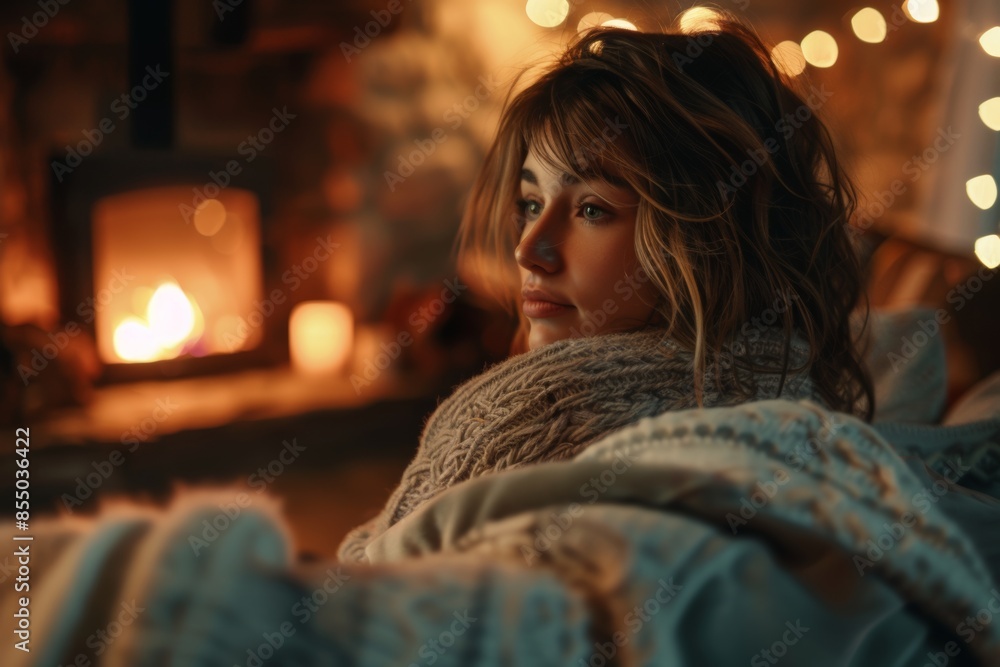Cozy living room scene with a young woman wrapped in a blanket, sitting by the fireplace and enjoying the warmth. Cozy living room scene with a young woman wrapped in a blanket, sitting by the fireplace and enjoying the warmth.