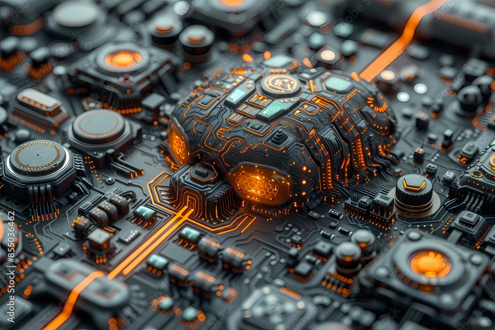 Fototapeta premium A visually intricate image showcasing the brain of an advanced computer integrated with an electronic circuit board, highlighting the intersection of complex neural networks.