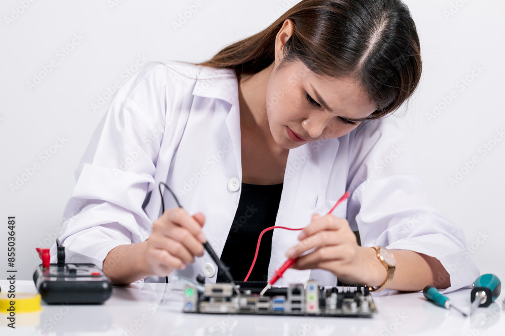Female repairing electronic circuit board or computer part on her desk with a gray background. Female repairing electronic circuit board or computer part on her desk with a gray background.