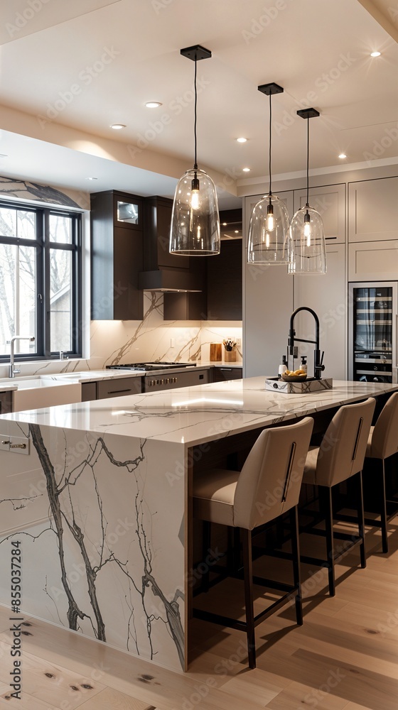 a kitchen with a marble island and bar stools