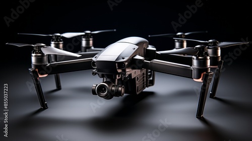 Drone with camera isolated on black background photo