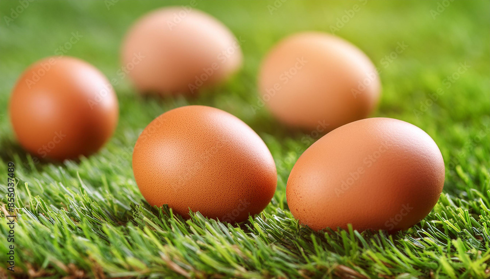 Brown chicken eggs on green grass in garden. Organic farm product. Natural food. Brown chicken eggs on green grass in garden. Organic farm product. Natural food.