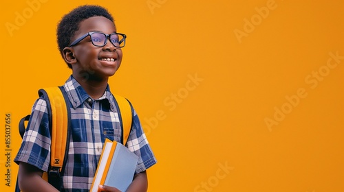a school studen with glasses holding books on isolated background, backpack photo
