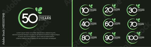 anniversary logotype set. vector design white color with green ring and leaf for special moment
