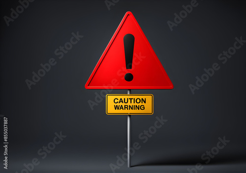 Realistic red caution warning sign for attention exclamation mark traffic sign by 3d render illustration. Generative AI
