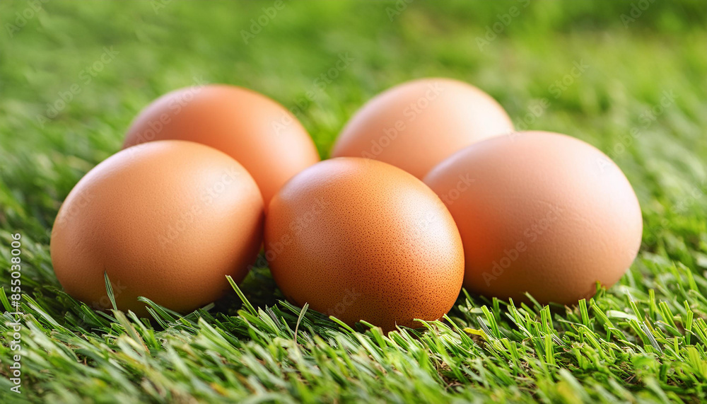 Brown chicken eggs on green grass in garden. Organic farm product. Natural food. Brown chicken eggs on green grass in garden. Organic farm product. Natural food.