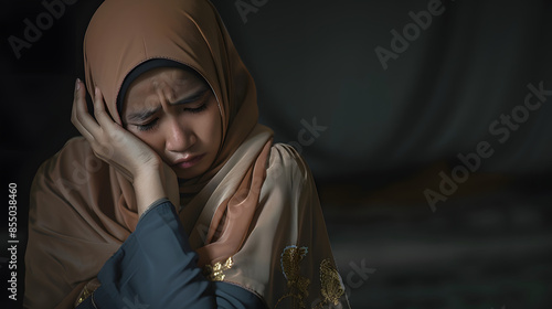 Young Muslim women sitting and feeling pain.. Lonely Muslim girl harly thinking how to solve life problem. photo