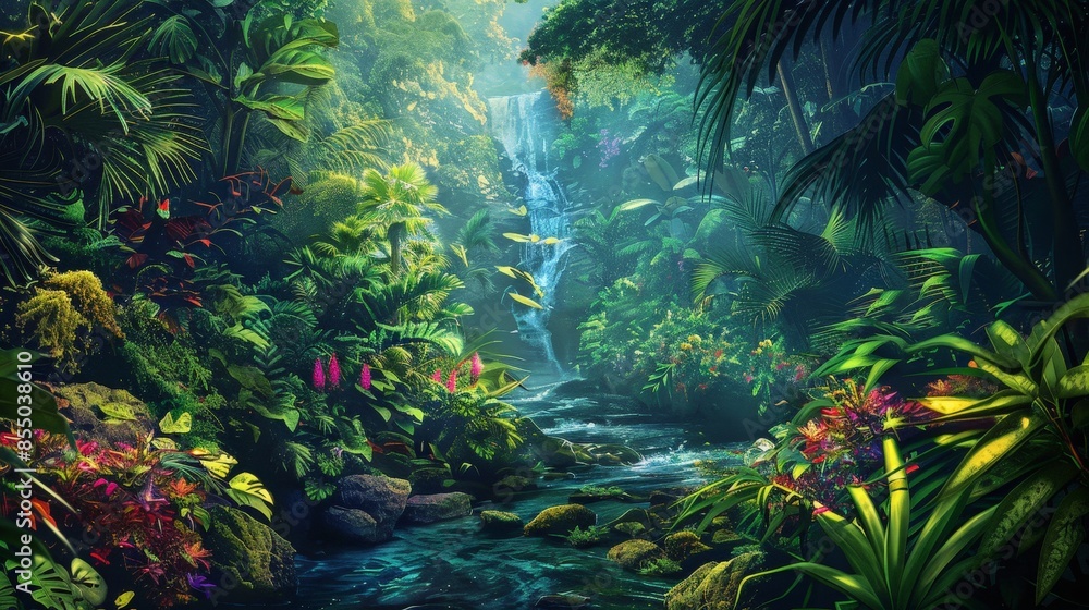 A lush tropical rainforest with a cascading waterfall, vibrant foliage, and a clear stream winding through the dense vegetation. A lush tropical rainforest with a cascading waterfall, vibrant foliage, and a clear stream winding through the dense vegetation.