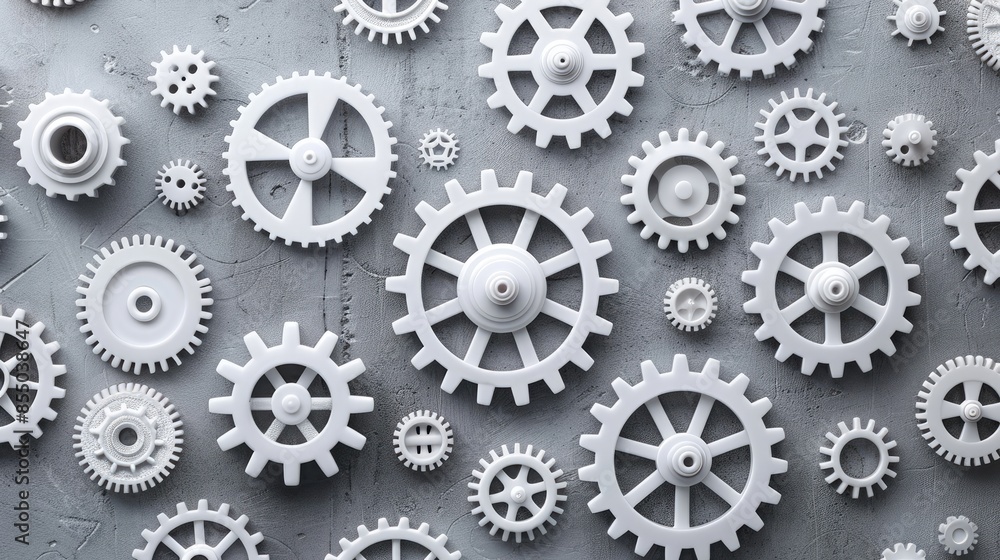A collection of white gears are arranged in a pattern on a gray surface A collection of white gears are arranged in a pattern on a gray surface