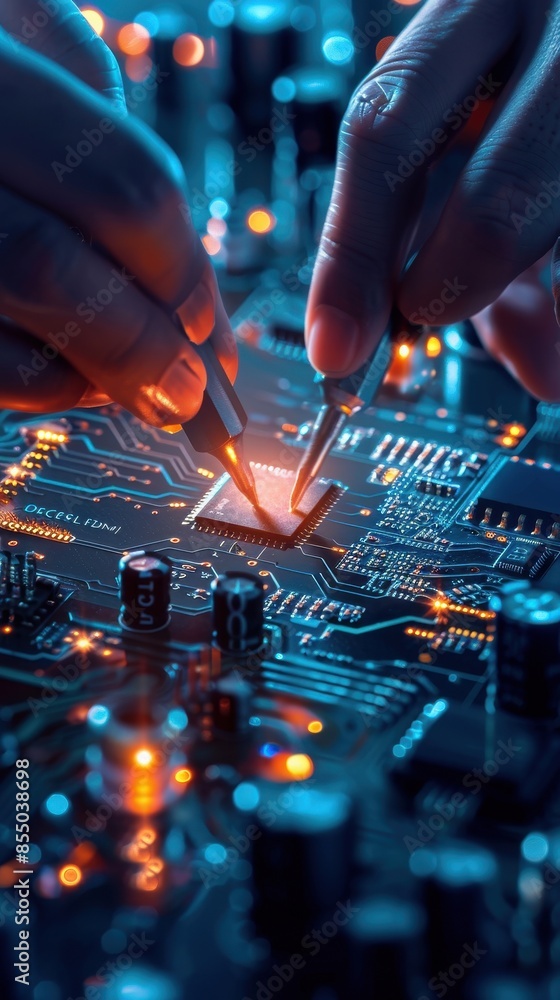 Close-up of hands working on a circuit board with glowing lights. Close-up of hands working on a circuit board with glowing lights.