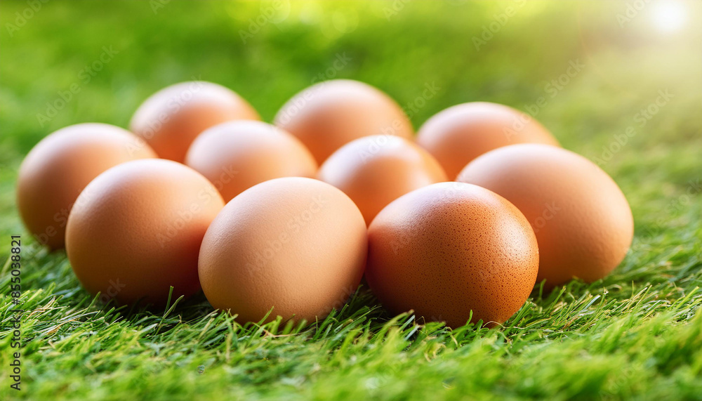 Brown chicken eggs on green grass in garden. Organic farm product. Natural food. Brown chicken eggs on green grass in garden. Organic farm product. Natural food.