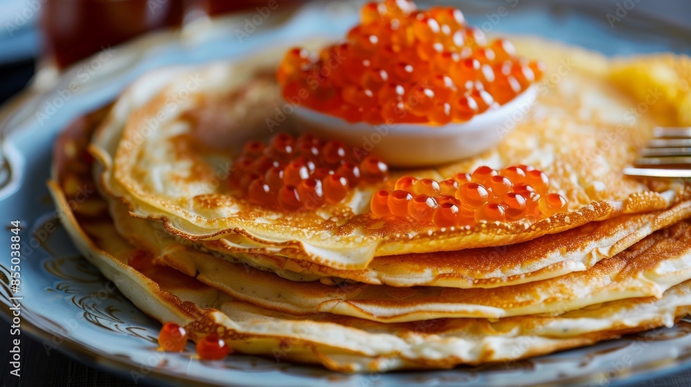 Russian pancakes with red caviar. Stack of pancakes topped with red caviar and parsley on a plate Russian pancakes with red caviar. Stack of pancakes topped with red caviar and parsley on a plate