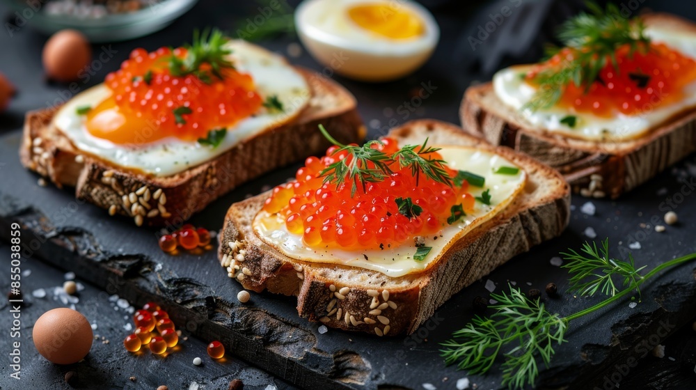 Sandwiches with red caviar, cheese and egg. Toasted bread with fried egg and red caviar garnished Sandwiches with red caviar, cheese and egg. Toasted bread with fried egg and red caviar garnished
