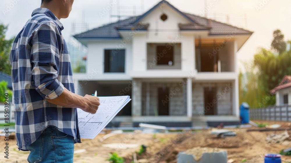 custom made wallpaper toronto digitalConstruction Manager Reviewing House Plans in Front of a Modern Home Under Construction