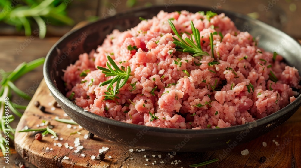 Raw ground meat with herbs on wooden surface. Raw ground meat with herbs on wooden surface.