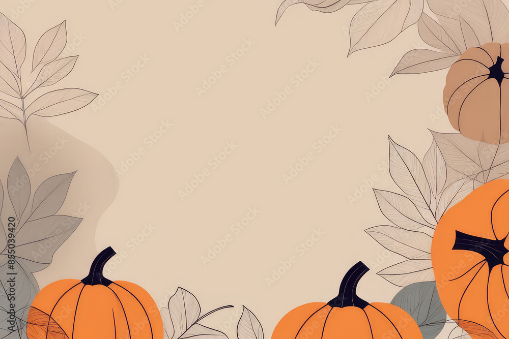 Naklejka premium Thanksgiving halloween border frame background template, pumpkins and fall leaves on a beige background.
