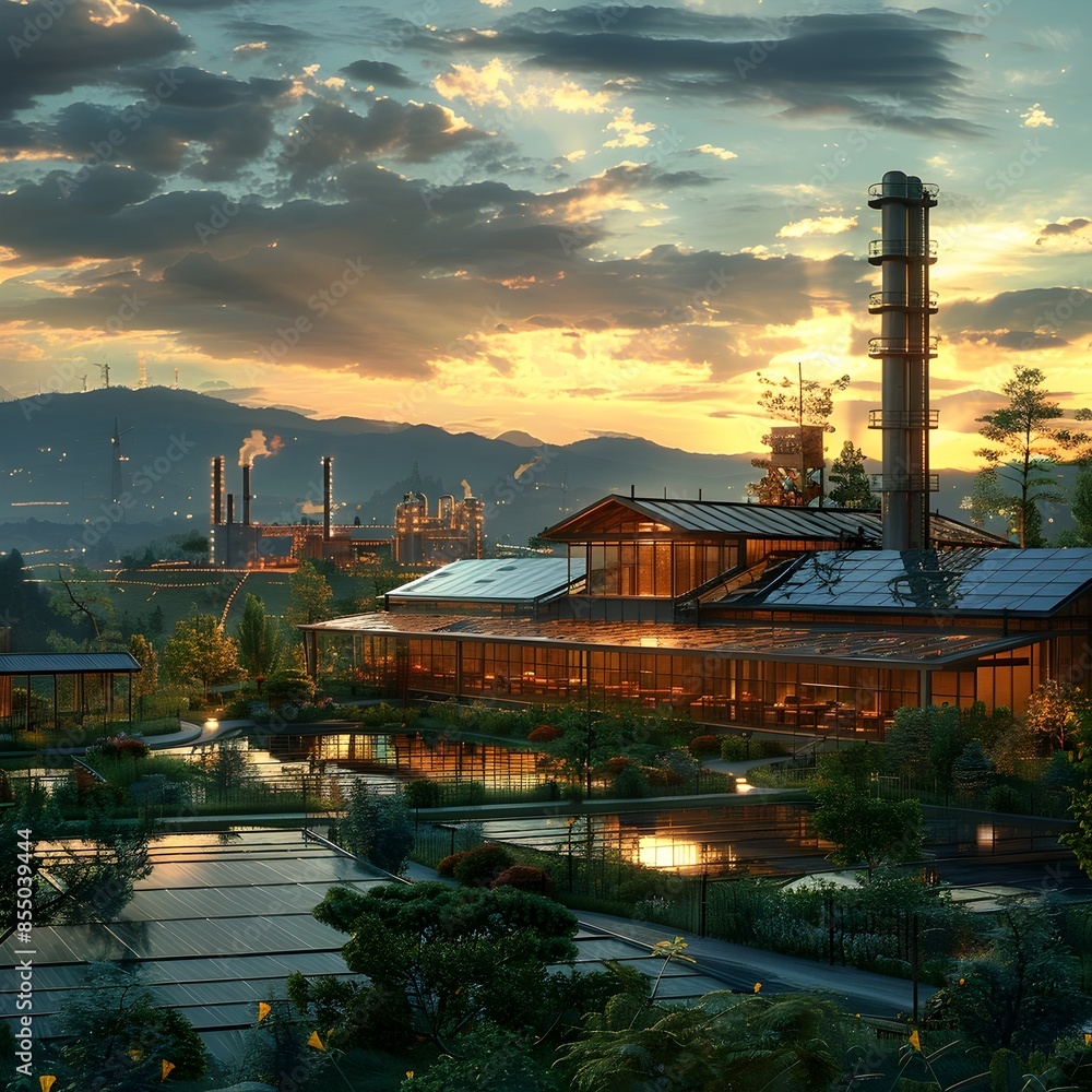 Fototapeta premium Renewable Energy Power Plant Harnessing the Power of Sun and Biomass